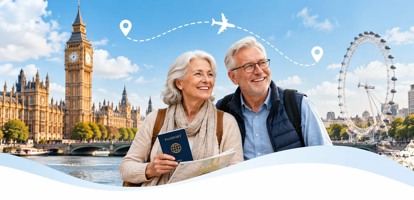 Senior travelers holding a UK passport in front of Big Ben and the London Eye, ready to apply for their UK ETA online with etourist.online